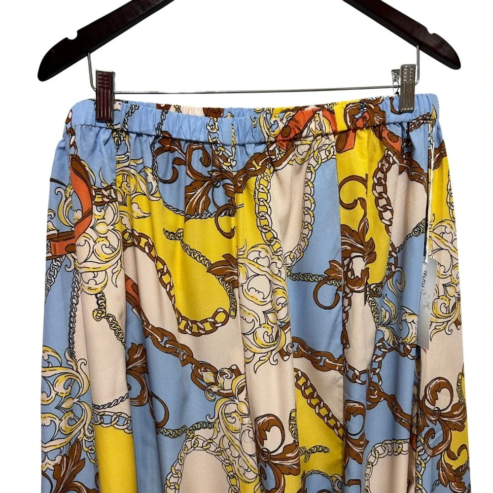 Truth‎ Womens Pants XL Blue Yellow Chain Print Wide Slit Leg Palazzo Boho Resort
